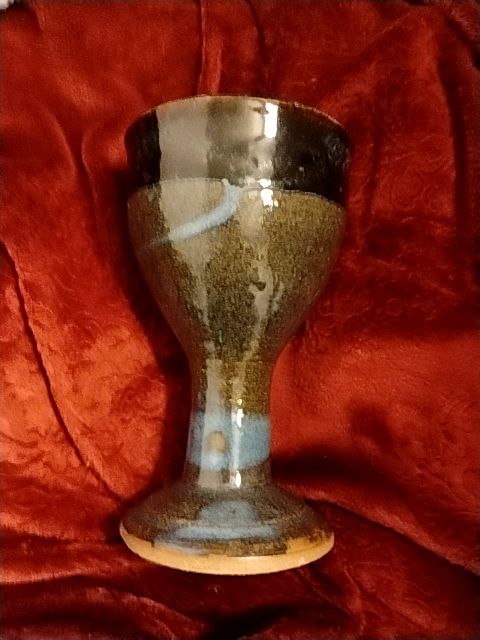 Sage With Black Trim & Blue Swirl  Hand Thrown Pottery Goblet