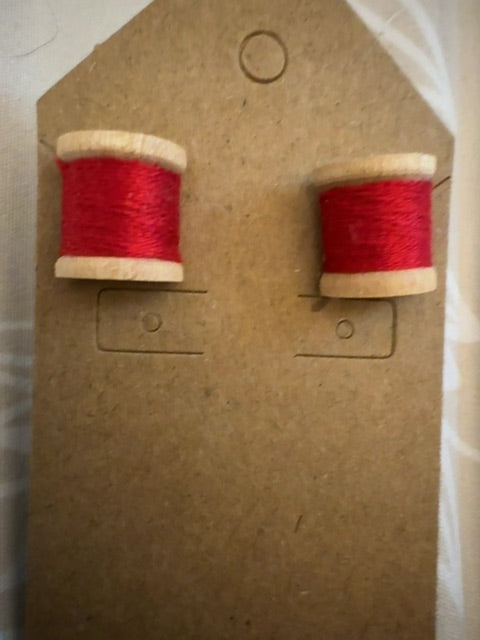 Red thread spool stud earrings