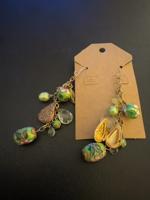 Green bead locket dangle earrings