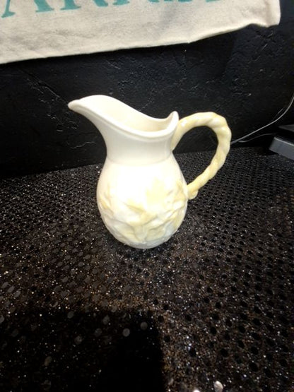 Ivory Belleek Ireland Porcelain Mini Creamer w/Ivy Yellow Luster Twist Rope Handle, 3" × 3.75"
