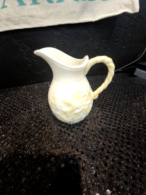 Ivory Belleek Ireland Porcelain Mini Creamer w/Ivy Yellow Luster Twist Rope Handle, 3" × 3.75"