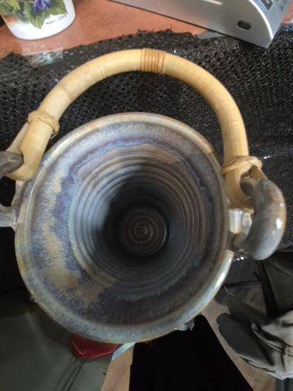 Blue/Grey  Pottery Bottle Holder/Vase w/Bamboo Handle, As Is