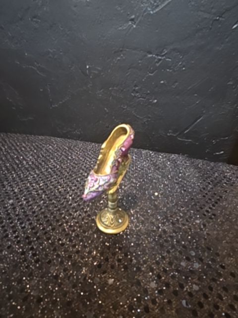 Sweet Romance USA Made Doll House Miniature Purple/Gold Pewter Shoe and Stand