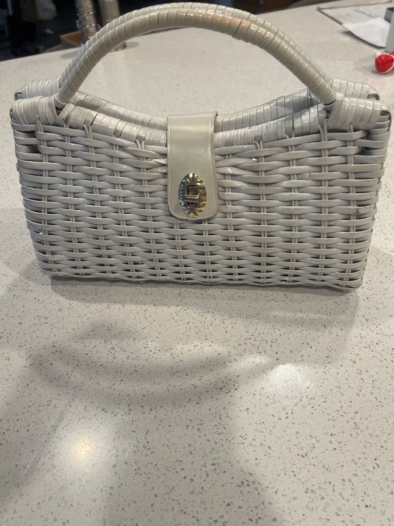 vintage white woven wicker handbag
