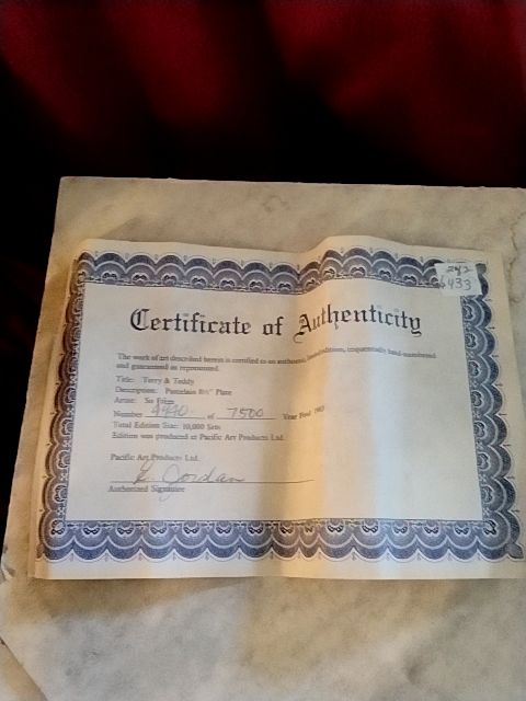 Blue, Red, tan, (Blonde hair) Artist Su Et'em Collectible Terry & Teddy Porcelain Plates, 8 1/2 inch Plates