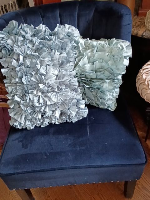 Pair of 2 aqua satin throw pillows
