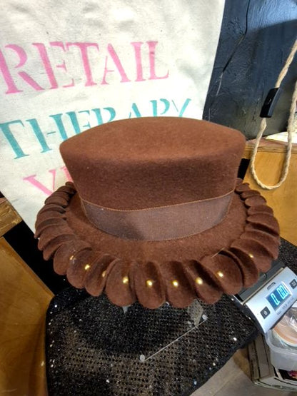 Brown  Brown Felt Vintage Hat w/brown ribbon and gold accents, 7