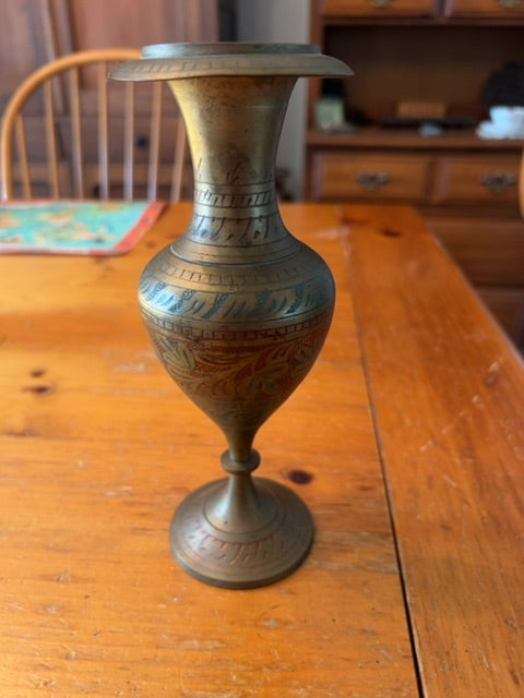 Vintage India Brass Handcrafted Flower Vase - 8"