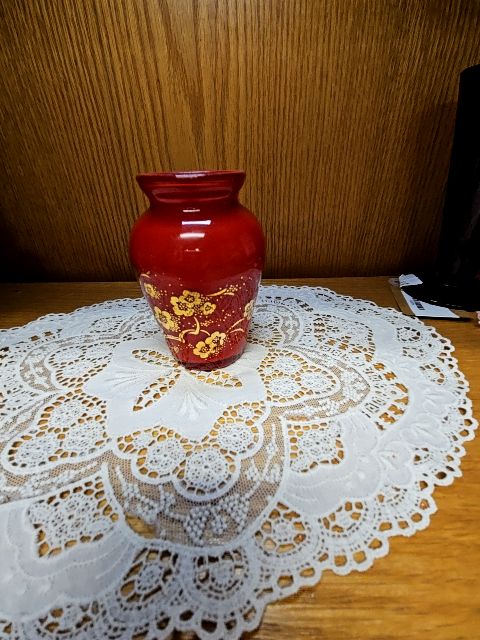 Vintage Small Red and Gold Painted Glass Bud Vase 3.75" Tall