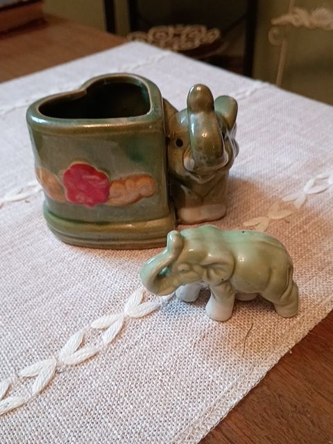 Antique set of 2 green porcelain lucky elephants