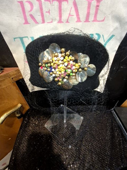 Black  Black Felt Hat w/Gold Sequins & Beadssequ