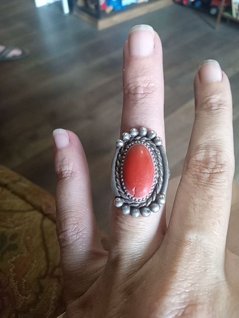 Sterling silver  Big coral/sterling ring, 7