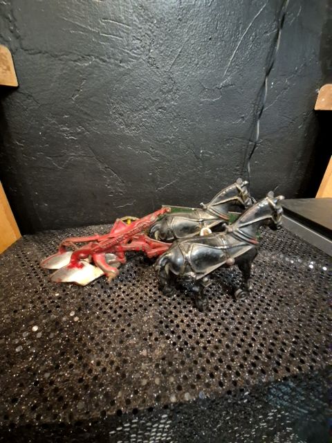 Cast Iron Black, Red, & Green McCormick Deering Horses & Plow, Wagon Set; missing wheels