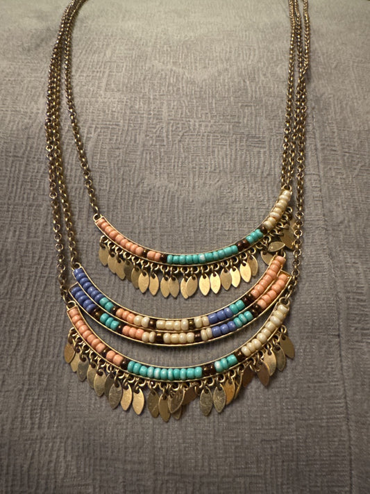 Gold tone setting, pastel beads Unknown Three bar, long, gold tone necklace