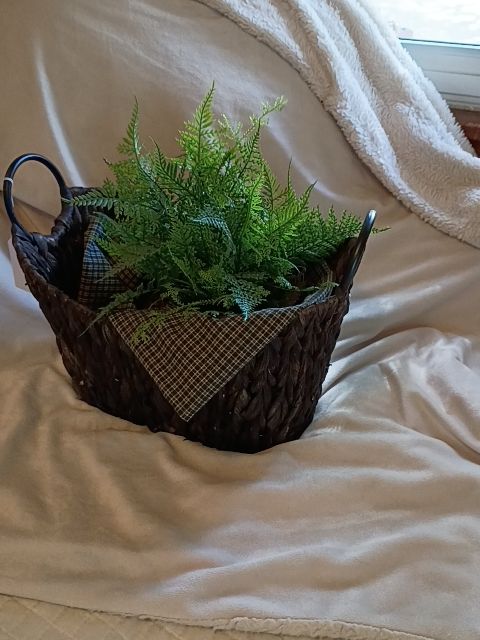 Rustic oval black basket, faw plastic, tatan cloth