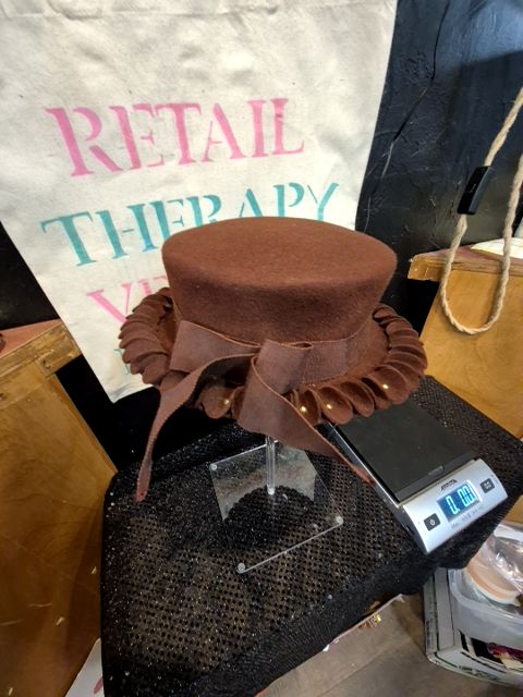 Brown  Brown Felt Vintage Hat w/brown ribbon and gold accents, 7