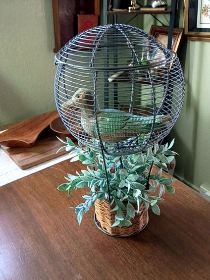 Bird cage 9" x 17", wicker, metal, 9" wood carved bird