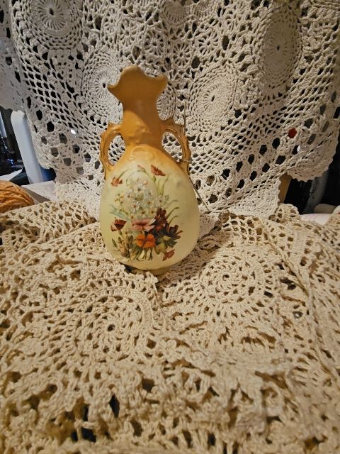 Antique Robert Hanke buttercream hand painted floral vase with double handles