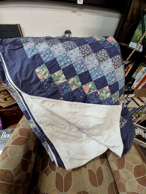 Blue & White Handmade Quilt, 102" × 88"