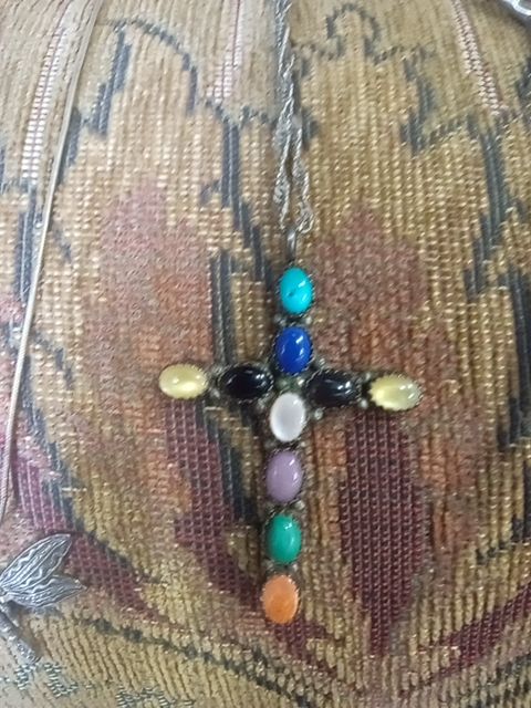 Sterling multi stone NA cross necklace