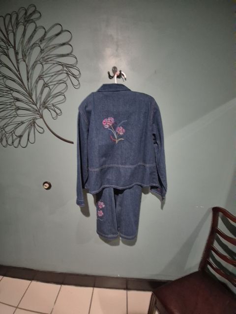 Blue Napa Valley Denim Embroidered Jacket/Skirt Set, unmarked