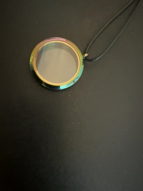 Rainbow color floating memory locket on black cord necklace