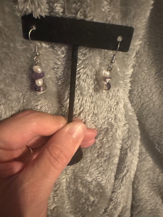 Pearl, amethyst earrings