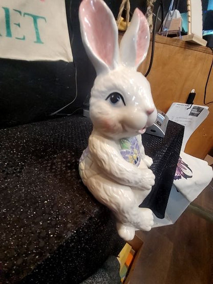 White  Porcelain Shelf Sitting Bunny, 4" × 4" × 8"