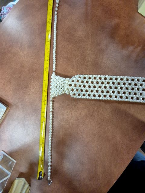 White  Beaded Necktie Choker, 17" / 11.5" "Tie"