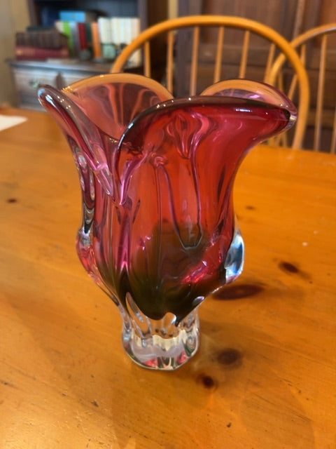 Art Glass Vase: Cranberry & Emerald Colors