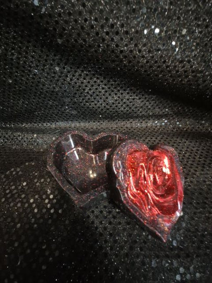 Black w/Red Rose Hand Made Heart Shaped Resin Trinket Box, 4" × 3.5" × 2"