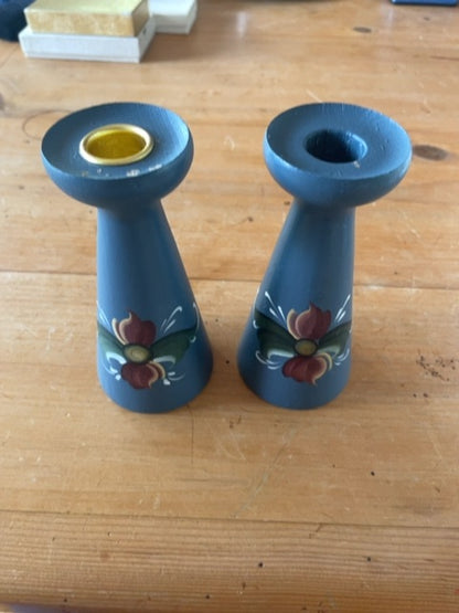 Vintage blue rosemaling candlesticks (set of two, as-is)