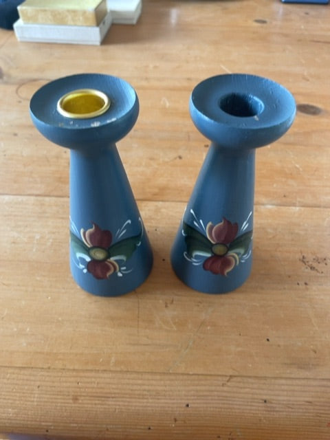 Vintage blue rosemaling candlesticks (set of two, as-is)