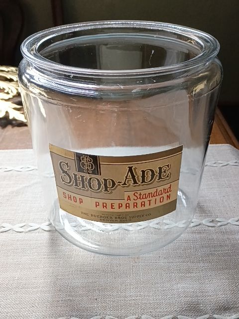 Vintage 8 x 8 glass shop ade jar Bueger Bro.