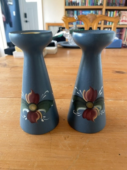 Vintage blue rosemaling candlesticks (set of two, as-is)