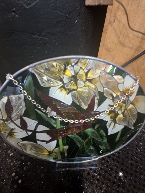 Red Bird, White Flowers  Stained Glass Oval Picture, 7" × 5.5"