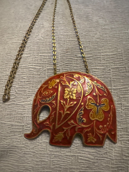 India Red Floral Enamel Elephant Necklace