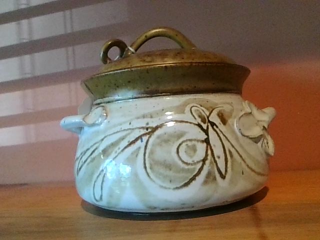 Cream & Olive Vintage Ceramic dutch over, 8" diameter at base