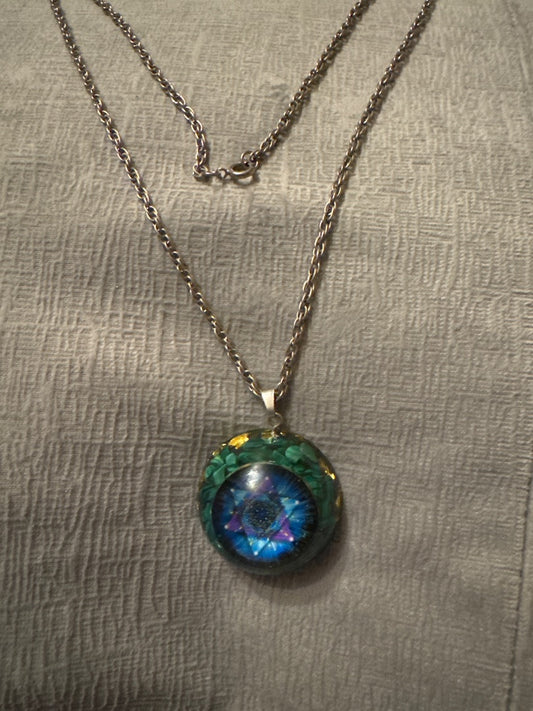 Multi jewel tones Unknown Acrylic round pendant on silver tone chain