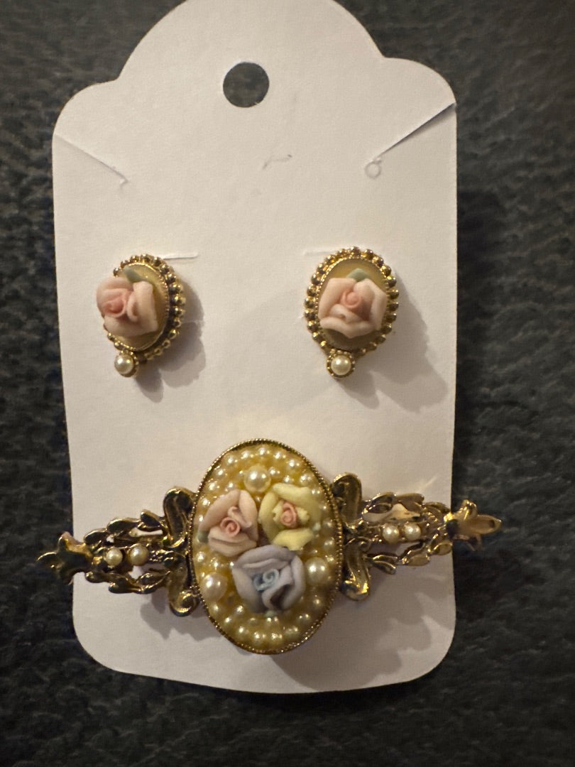 Post Earrings & Pin 1928 Vintage Rose Gold-Tone Set