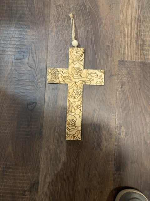 Engraved Wood Cross Roses