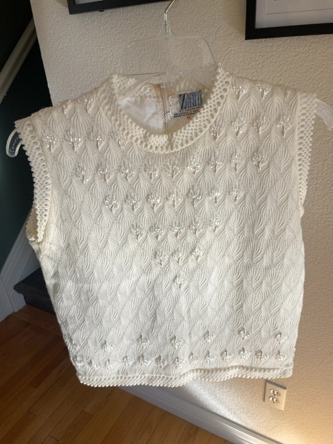 Vintage white beaded sweater top, M