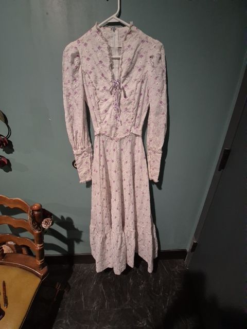 White w/purple flowers  Vintage Handmade Prairie Maxi Dress