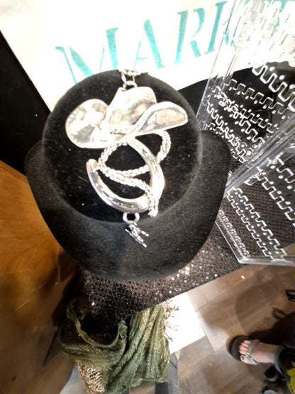 Silver  Cowboy hat, horseshoe, & lasso charm, 4"