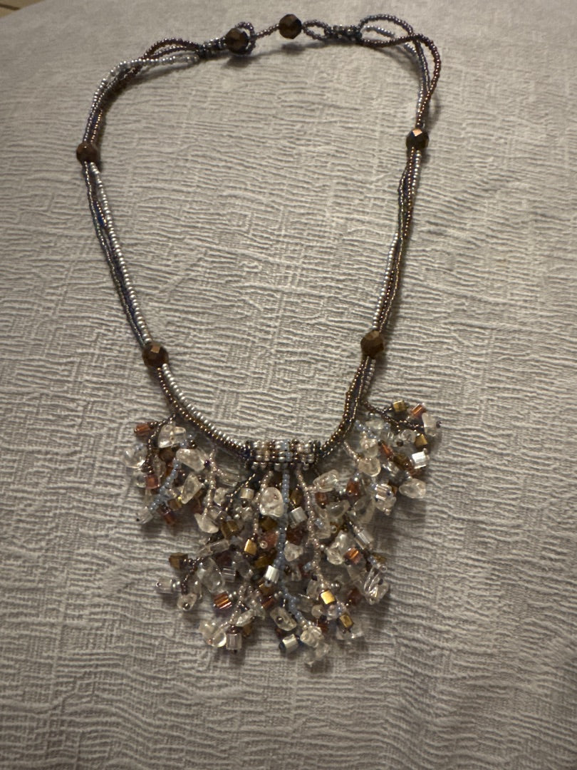 Brown, clear, silver Unknown Quartz and tiger eye bead necklace., 18 inch