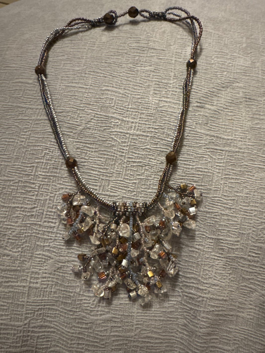 Brown, clear, silver Unknown Quartz and tiger eye bead necklace., 18 inch