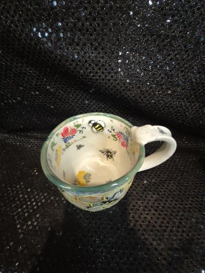 Signed Melony Sawyer Bumblebee Ceramic Mug, 4.5" × 4"
