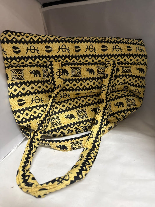 Tan with elephants African made Handbag, Medium