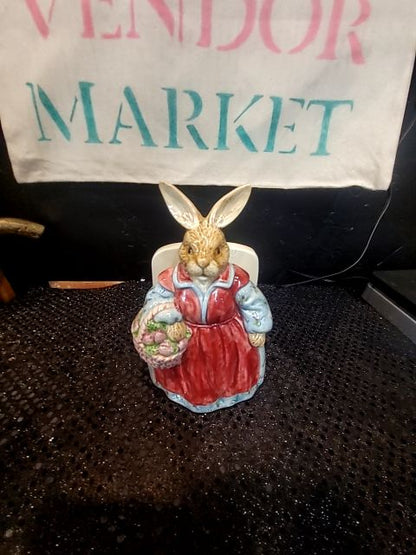 Cream Holder, Brown Bunny, Red Dress  Porcelain Rabbit w/Basket of Eggs Napkin Holder, 4" × 3.5" × 6"