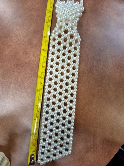 White  Beaded Necktie Choker, 17" / 11.5" "Tie"